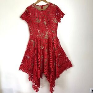 Inspired by Oscar De La Renta Red Guipure Lace Dress Sz M Overlay Handkerchf Hem